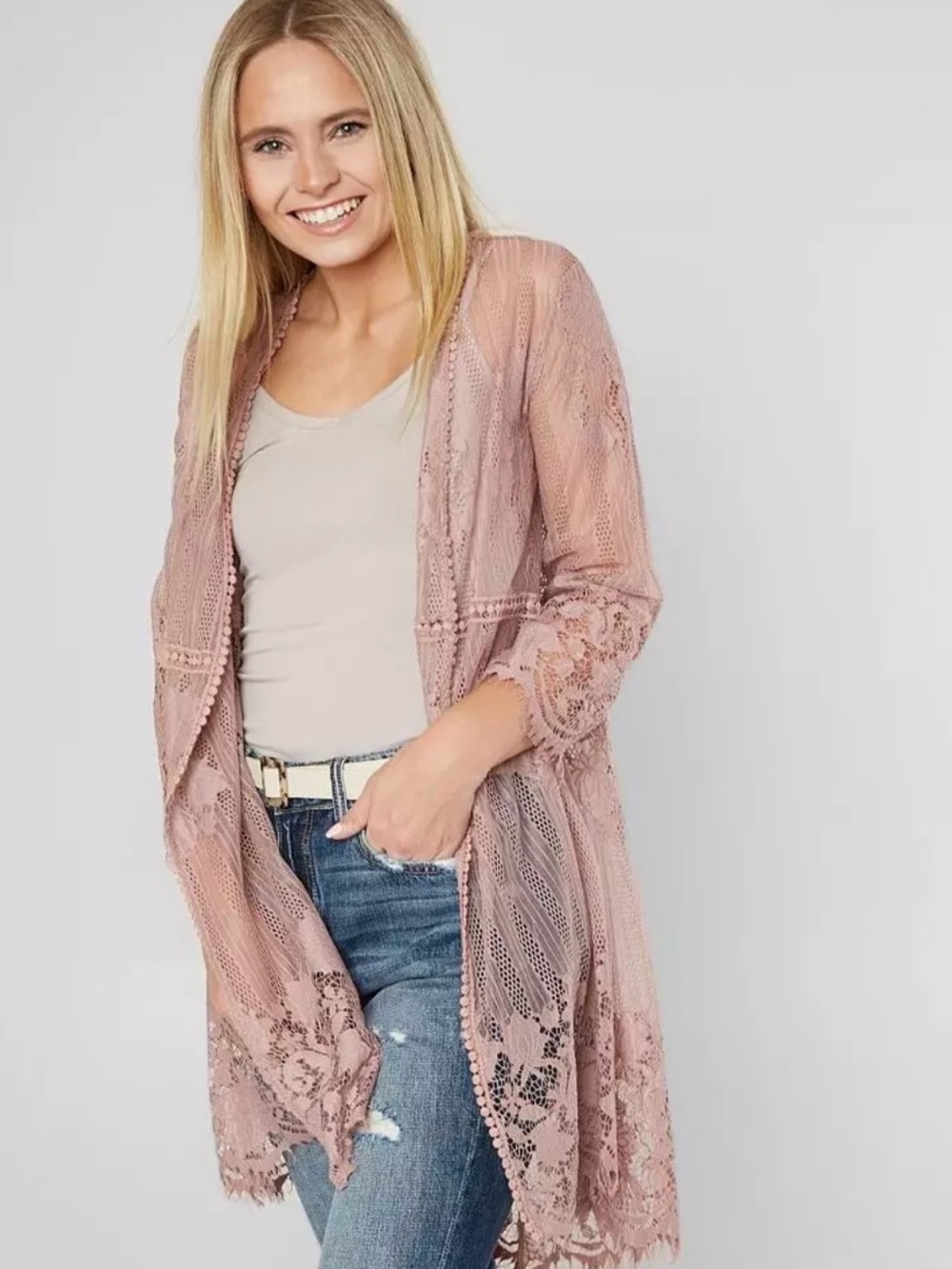 Miss Chievous Dusty Rose Eyelash Lace Duster Kimono Bohemian Sz‎ L